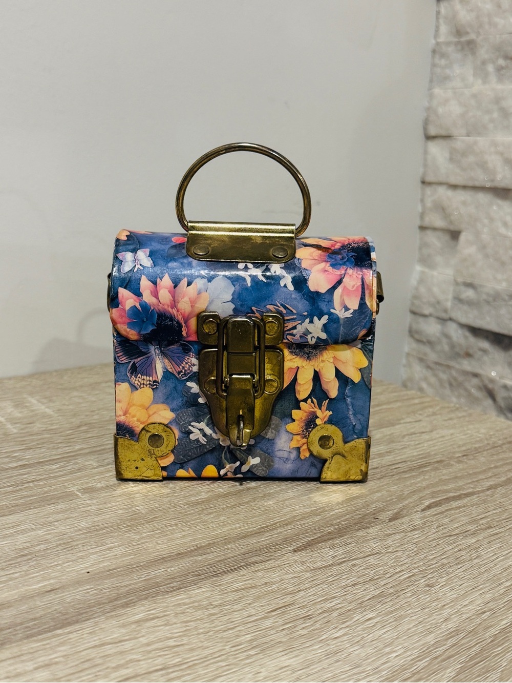 Vintage Mini Trunk Keepsake Box - Sunflower & Butterfly Floral Print with Brass